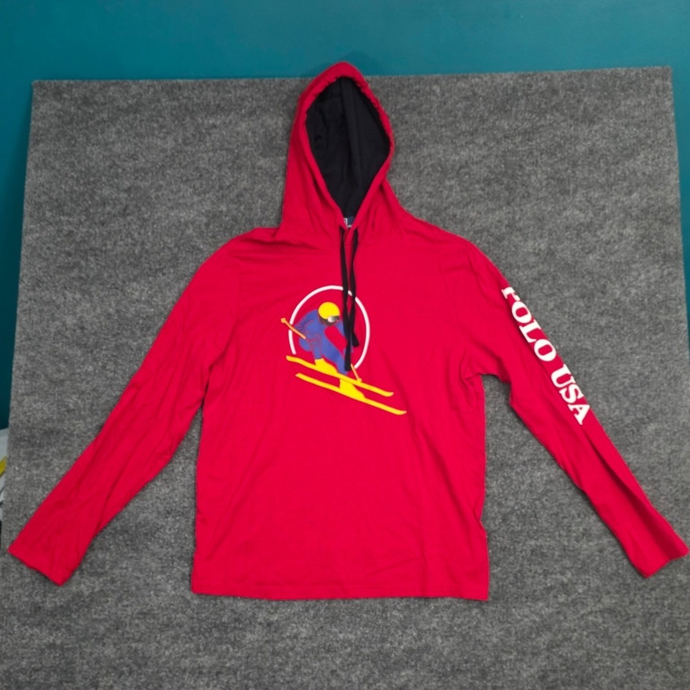 Polo Ralph Lauren Ski Graphic Hooded T-Shirt Large Red Cotton Polo USA Sport L